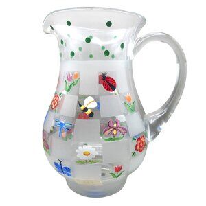 Lenox Natures Splendor Hand-Painted Glass Pitcher Floral & Insect Motifs 72 Oz